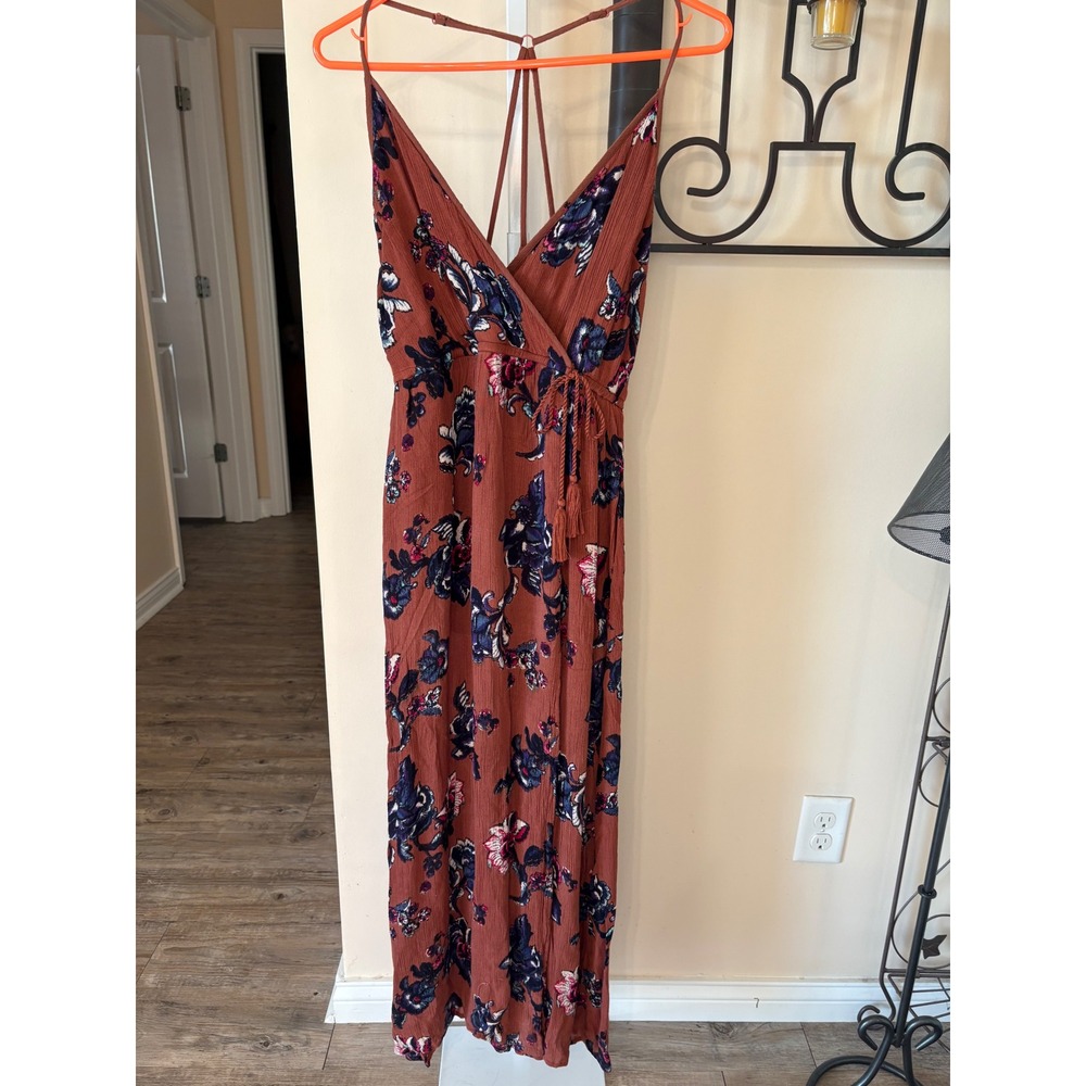 Band of Gypsies Womens Rust Floral Maxi Dress T-Back Tassel Tie Pockets XS